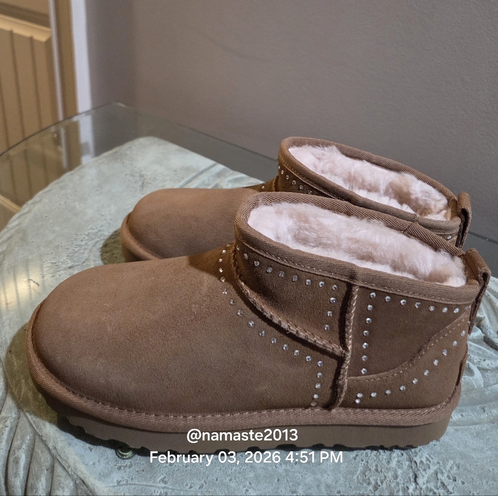 Ugg ULTRA MINI Bling Boots Suede Swarovski Suede Designer Fur Sheaeling #196 - Picture 6 of 16